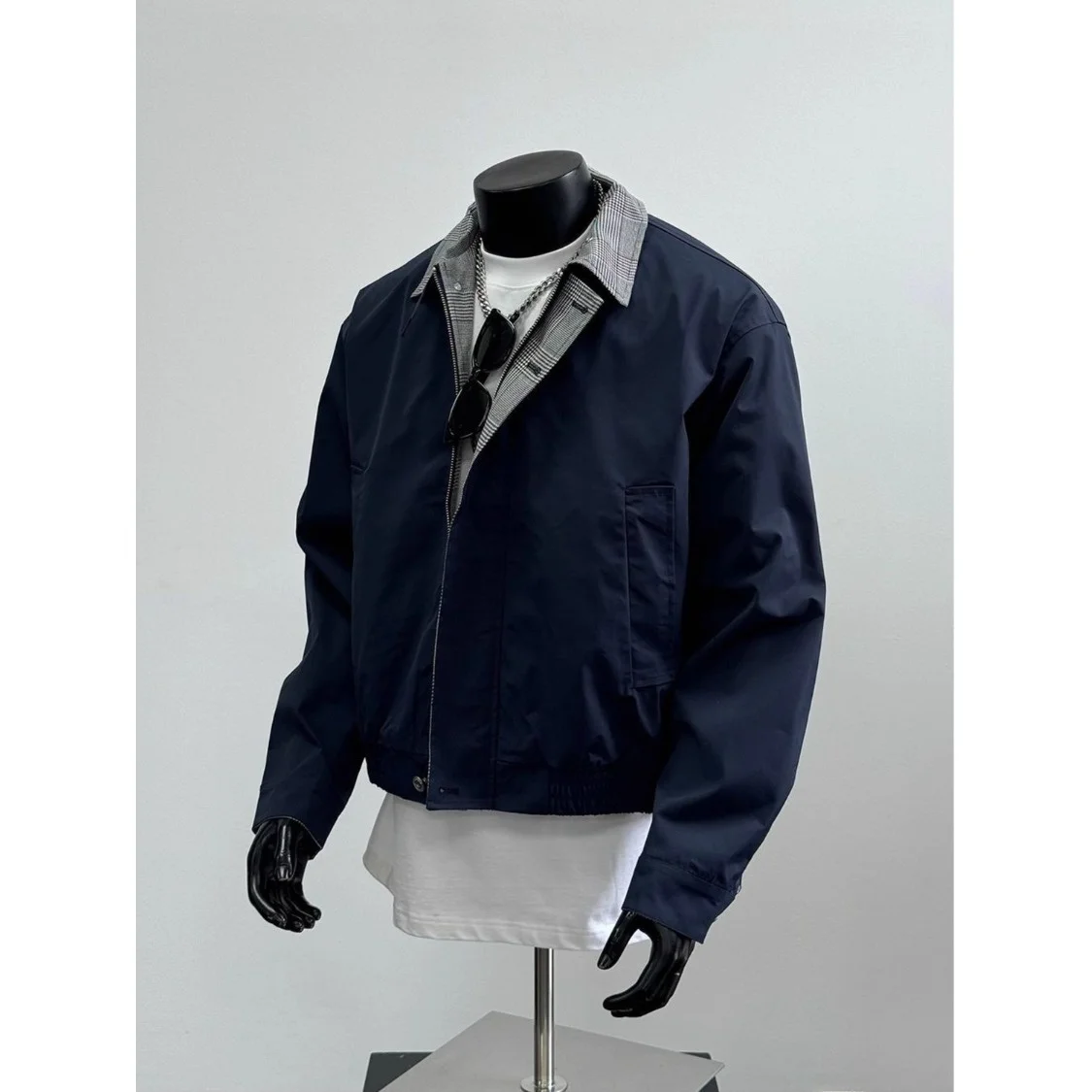 

Мужская осенняя куртка свободного кроя в клетку с воротником, в американском стиле, с контрастными цветами, повседневная, синяя