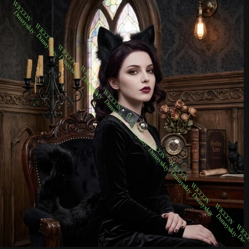 

Cat Ears Cosplay Costume Wolf Fox Animal Tail Faux Fur Hair Clip Headdress Halloween Leather Neck Chocker Set