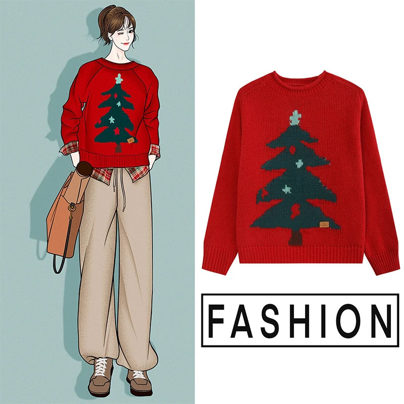 

New Year Christmas Tree Jacquard Women's O-Neck Thick Pullover Australia Wool Knit Sweater with Loose Casual Design for Winter