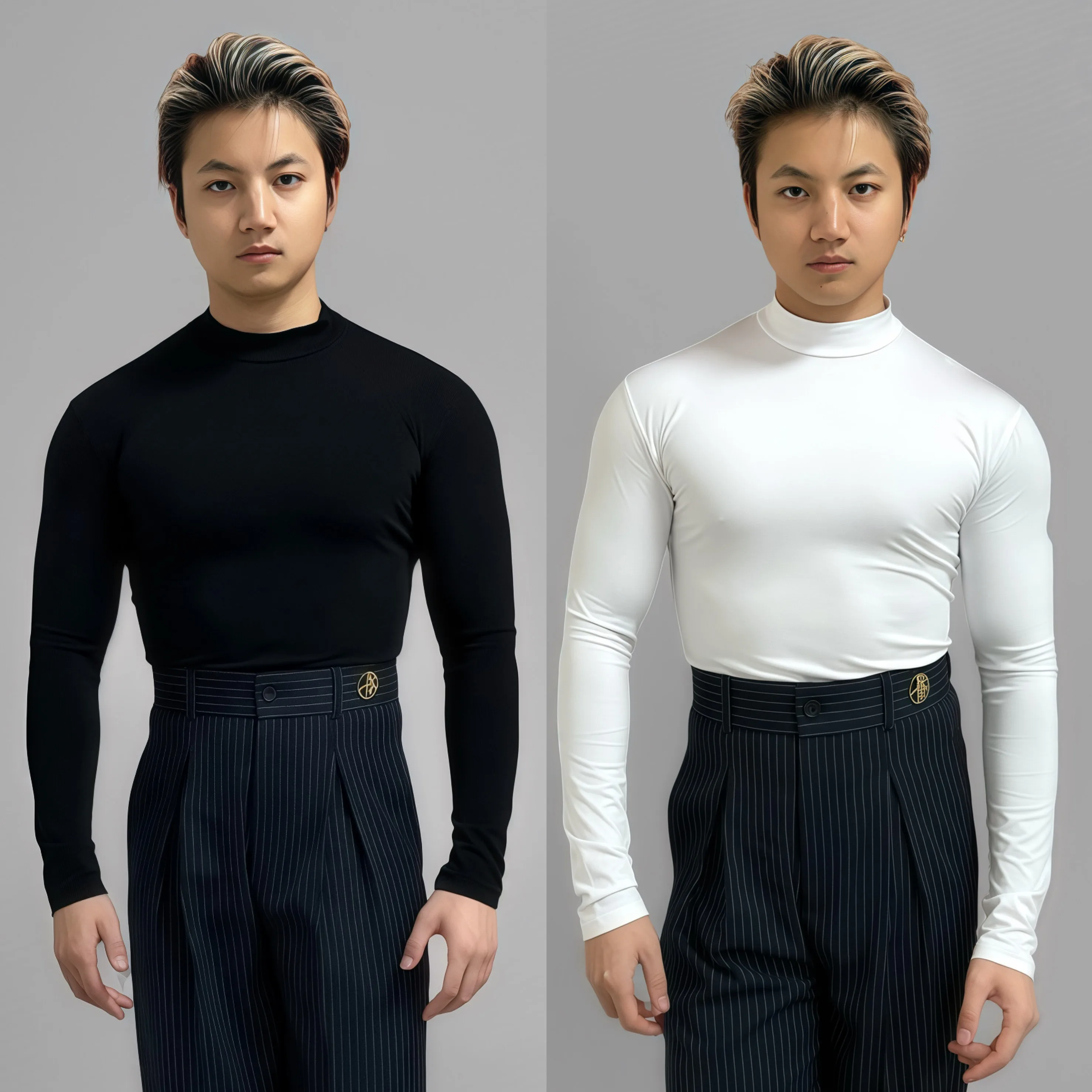 

Men High Collar Latin Dance Tops Long Sleeves Mesh Back T Shirt Winter Male Ballroom Dance Practice Training Dance Wear DNV25892