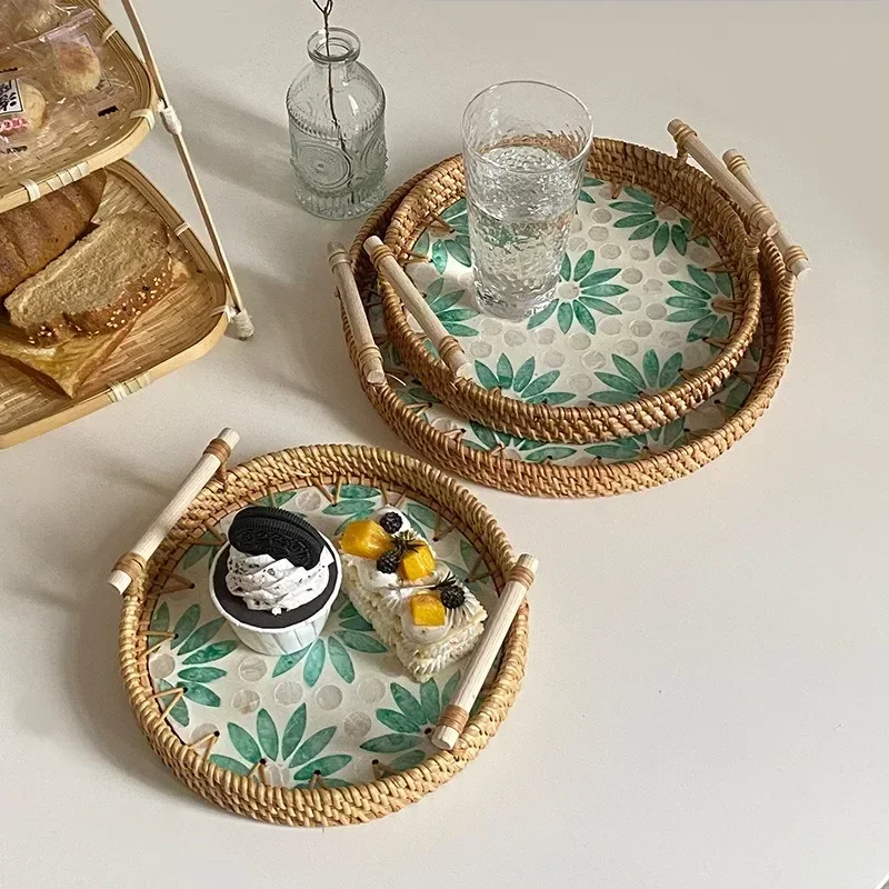 

Корейский легкий роскошный поднос с двойными ушками из ракушек, натуральная ракушка из ротанга, декоративный поднос для хранения духов, ароматерапии, корзина для хлеба, торта