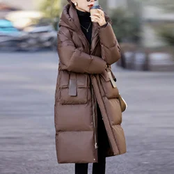 Chaqueta larga acolchada de plumón de pato blanco hasta la rodilla para mujer, traje de nieve con capucha, engrosada, protección contra el calor y el frío