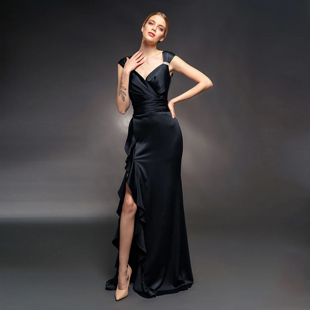 Sexy Meerjungfrau Satin Abendkleider Ärmel Zipper Zurück Charming Party Kleid Für Frau V Neck Side Slit Braut Kleid Rüschen