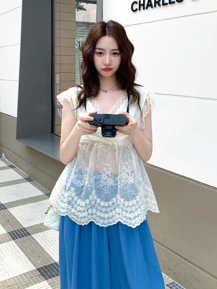 

Korean Style Lace V-Neck Shirt Wide Leg Pants Set Women's Summer Fashion Outfit High Waist Loose Fit Long Sleeve Casual Wear