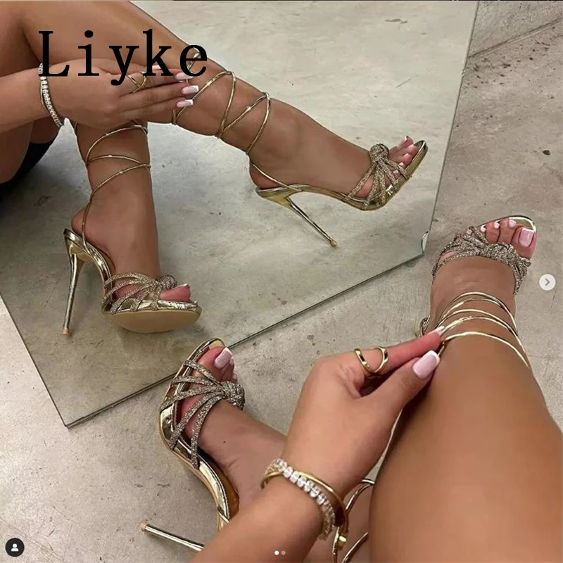 Liyke Elegant Party Sandals Female Rhinestones Narrow Band Open Toe Ankle Cross Lace Up High Heels Stiletto Wedding Shoes Women