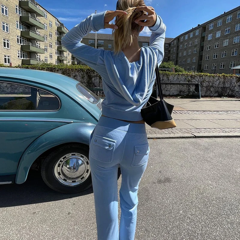 Women Solid Tracksuit Pocket Velvet Outfit Two Piece Set Sewing Suits Jogging Set Velour Hoodie Sweatshirt And Pants Suit Y2k