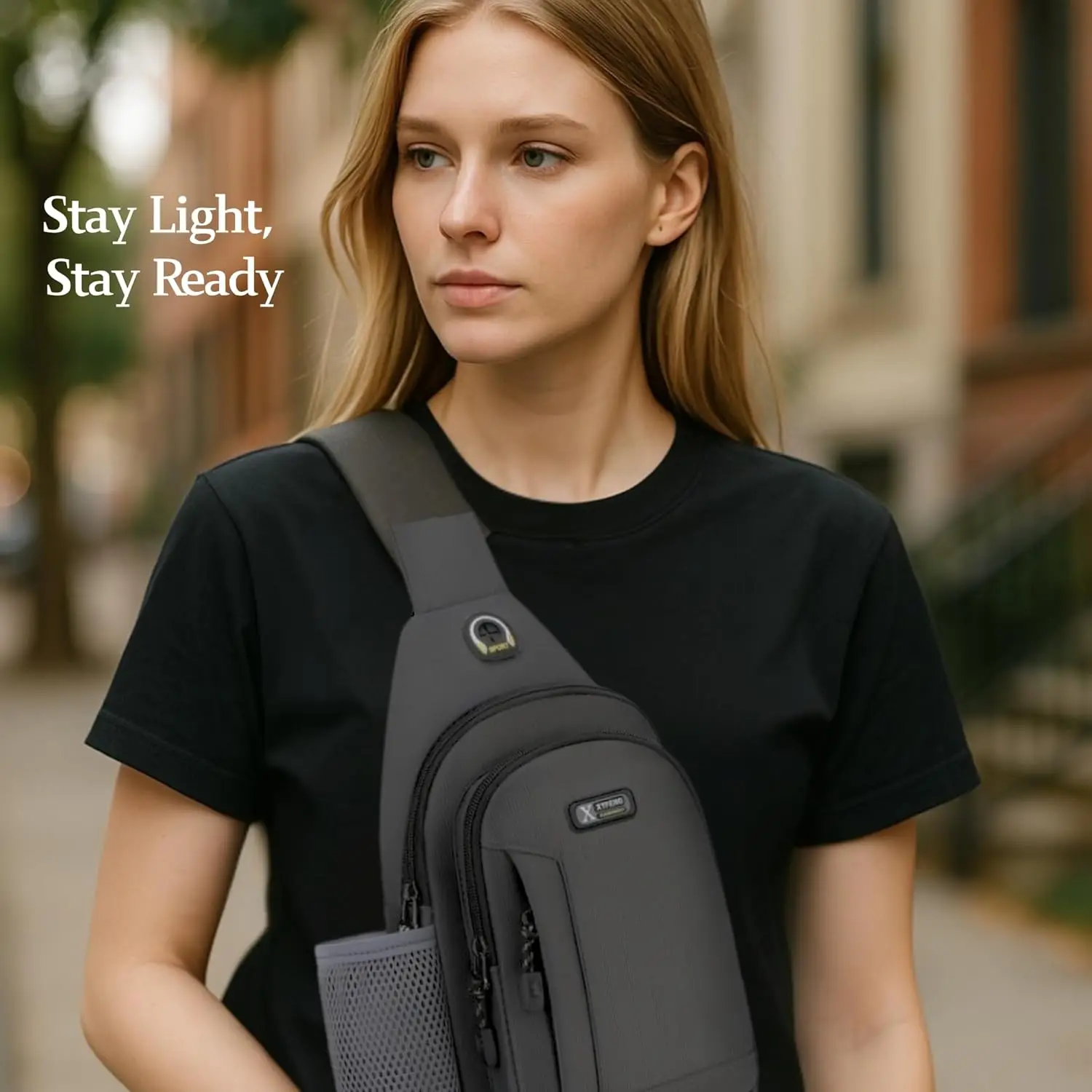 Man Nylon Sling Chest Bag with Bottle Holder Lightweight Waterproof Headphone Cable Hole Cycling Hiking Travel Crossbody Bag