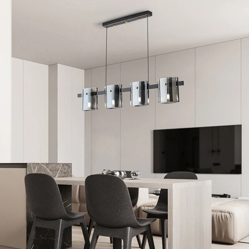Nordic Simple Smokey Gray Glass piece Rectangle chandelier Lustres LED Light Emitting Diode Ceiling Dimmable for Dining room