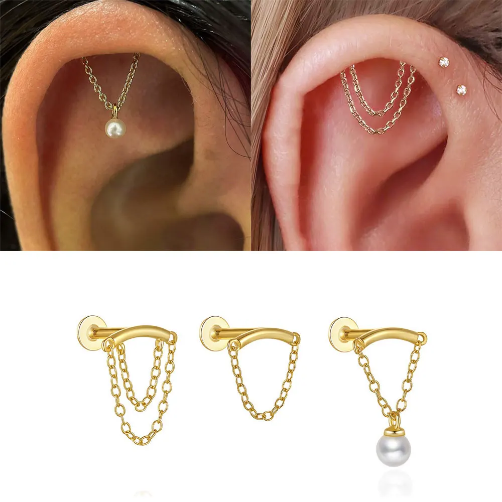 Ear Piericing Tassels Chain Pendant Drop Earring Imitation Pearl Floating Earring Gold Color Cartilage Piercing Jewelry Gift