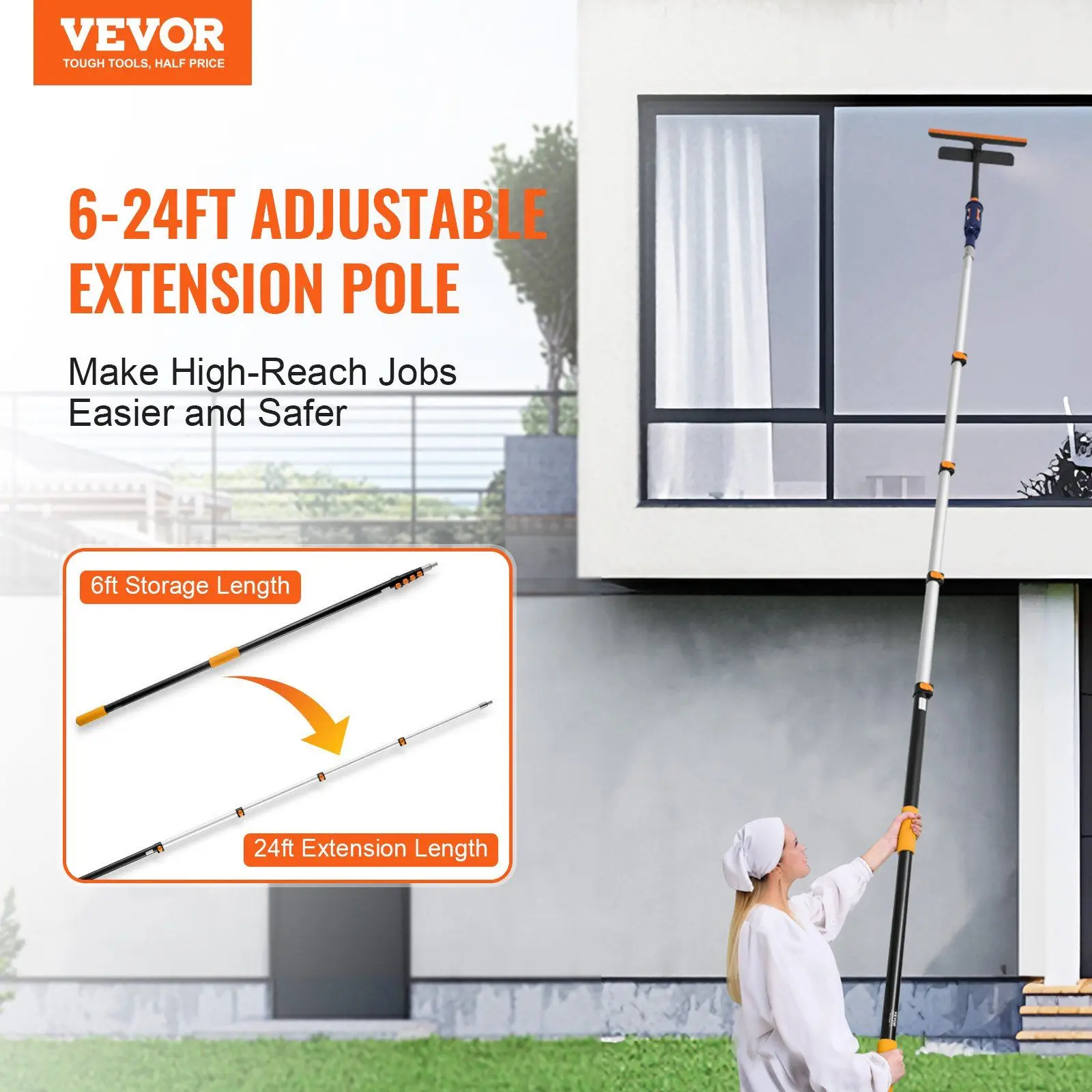 Universal 24ft Retractable Extension Pole Aluminum Alloy with Quick-Adjust Locks 3/4in Thread for Attachments Durable Build