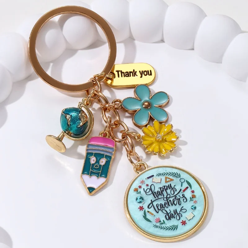 Cute Best Teacher Flower Pencil Butterfly Enamel Keychain Thank you Classic Key Ring For Women Men Teacher's Day Handmade Gift