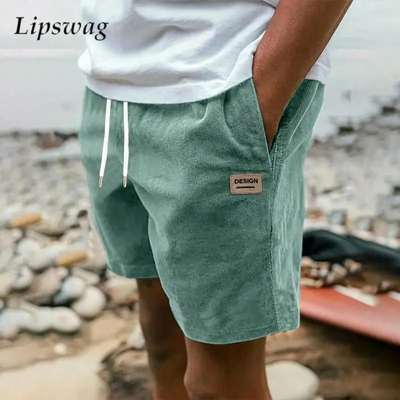 

Vintage Solid Color Corduroy Shorts Men Spring Summer Daily Casual Drawstring Loose Straight Bottoms Mens Fashion Texture Shorts