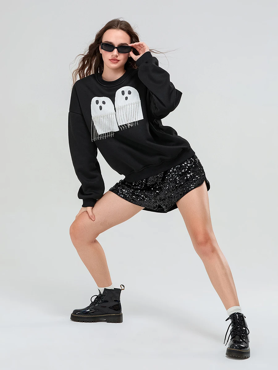 Moletom feminino com capuz de Halloween manga comprida gola redonda fantasma com borla pulôver outono tops