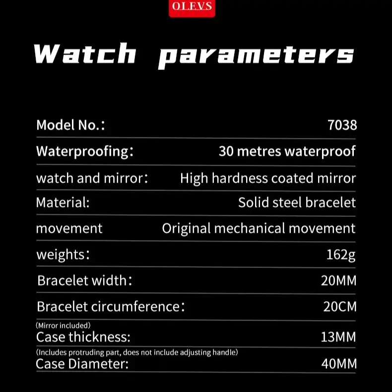 OLEVS 7038 Orologio meccanico automatico da uomo originale di lusso Calendario impermeabile 24 ore con fasi lunari Orologio da uomo con diamanti HD di marca Reloj