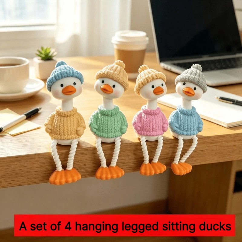 4pcs/Set Duck Figurines with Hanging Legs, Ins-style Long-legged Sitting Duck Ornaments, Car Dashboard Interior Decorations