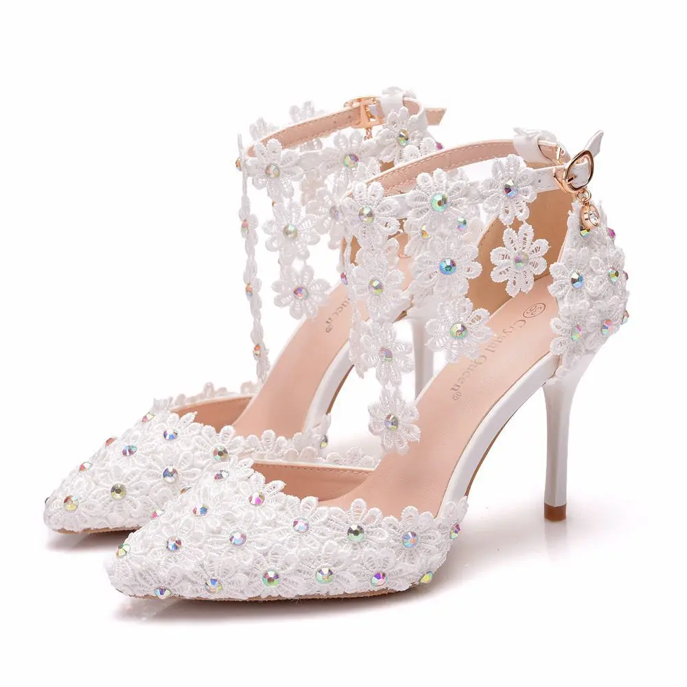 

Spring and summer pointed pearl rhinestone lace flower tassel wedding shoes banquet large size thin high-heeled women's sandals