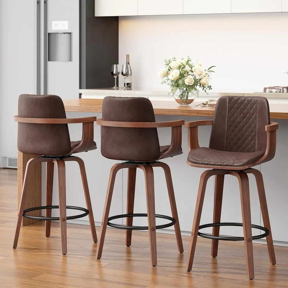 

Swivel Bar Stools Set of 3, 26" Counter Height Barstools with Wood Legs and Backs, Upholstered PU Leather Bentwood Frame Bar Cha