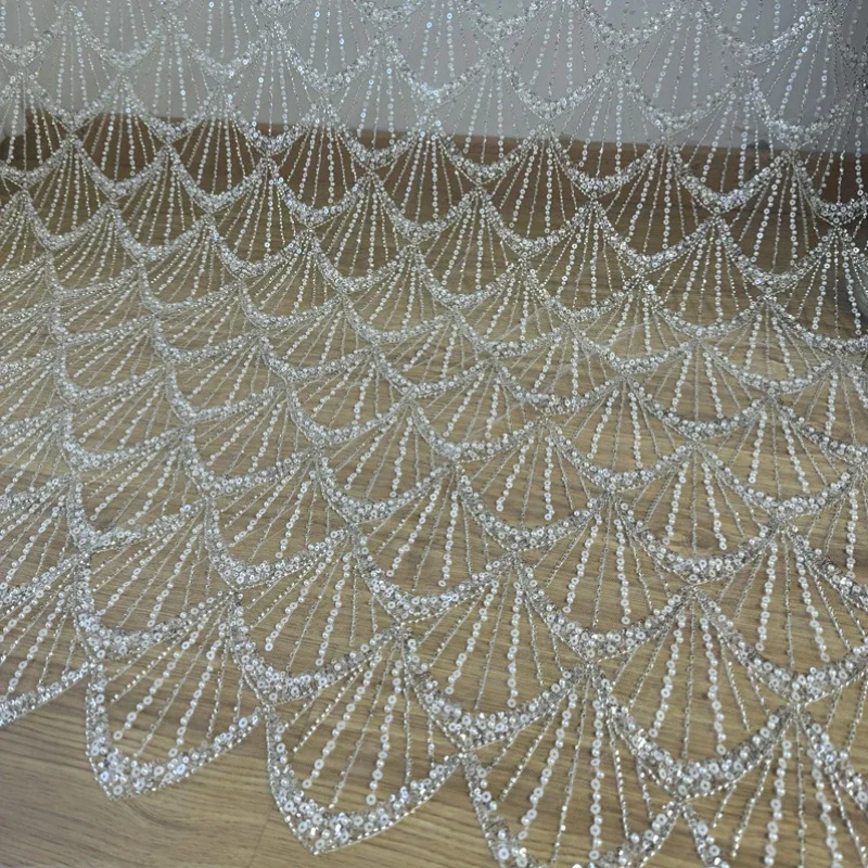 Embroidered Soft Lace Fabric Bead Sequin Mesh for Wedding Dress Clothing Designer Handmade Diy Sewing Material Cloth