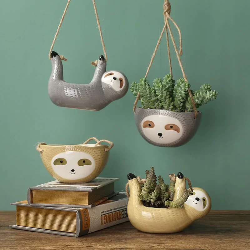 2pcs Ceramic Hanging Plant Pot Cute Animal Planter Succulent Air Plant Cactus Chlorophytum Indoor Outdoor Garden Decor Gift