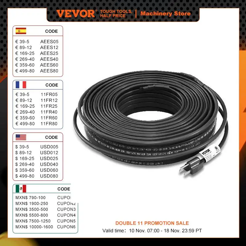 VEVOR Pipe Heating Cable Self-Regulating 140-feet Heat Tape for Pipes Roof Snow Melting De-icing Gutter Pipe Freeze Protection