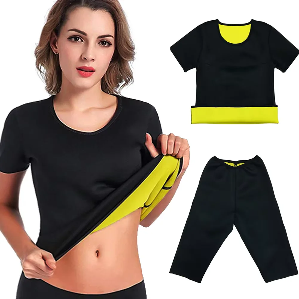 Damen Sauna-Shirts zur Gewichtsreduktion, Formende Schwitzanzüge, Taillentrainer, Workout-Tops, Hosen, Gym-Trainingsshorts-Sets