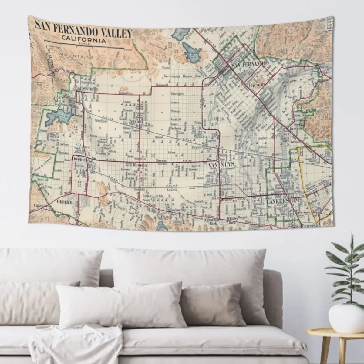 

Vintage Map of San Fernando Valley CA (1923) Tapestry Home Decorations Aesthetic Decor For Room Cute Room Decor Tapestry