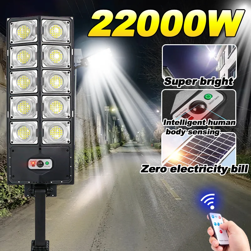 

Уличный солнечный светильник 22000 Вт, сверхмощный, с ИК-датчиком, для двора и сада, широкий диапазон освещения от заката до рассвета