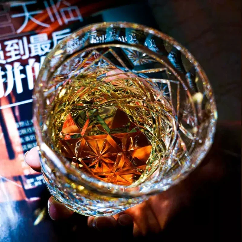 Lucky Star Pattern Crystal Whisky Glass High-end Luxury Hand Engraved Bourbon Vodka Drinking Glassware Handmade Artwork 240ml