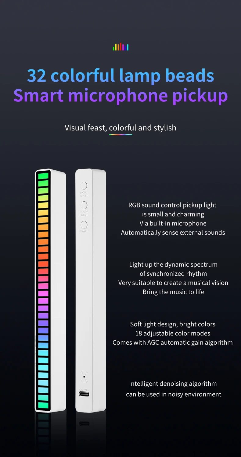 RGB Voice Control Synchronous Rhythm Light Internet Popular Colorful Music Ambient Light Car Desktop Induction Creative Led Pick