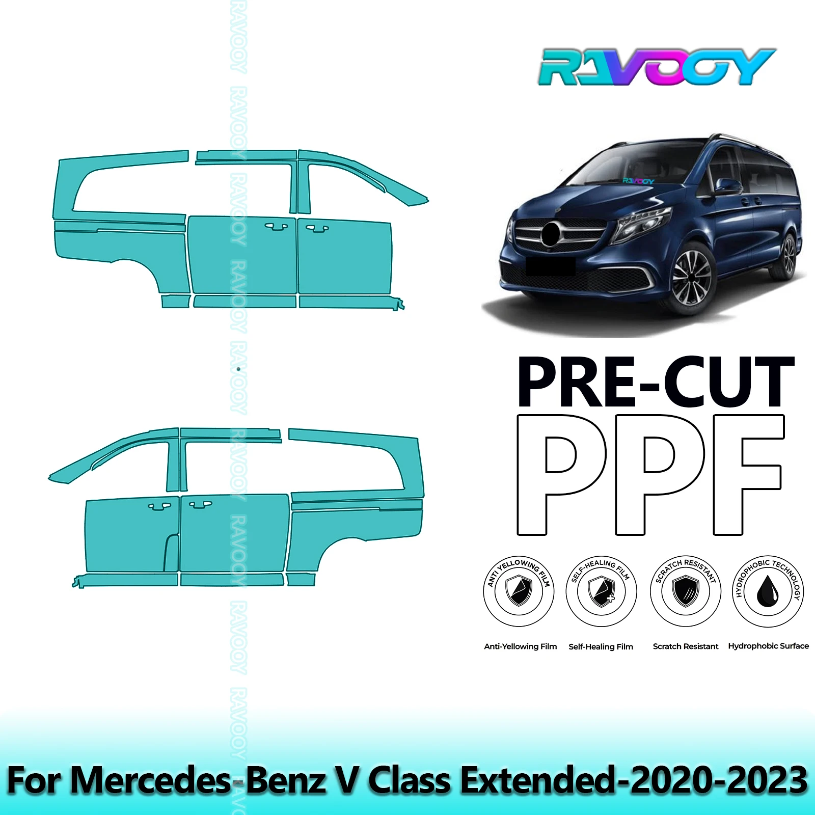 

For Mercedes-Benz V Class Extended-2020-2023 8.5mil Clear Matte Pre-Cut PPF Door & A/B Pillar Kit TPU Paint Protection Film Set