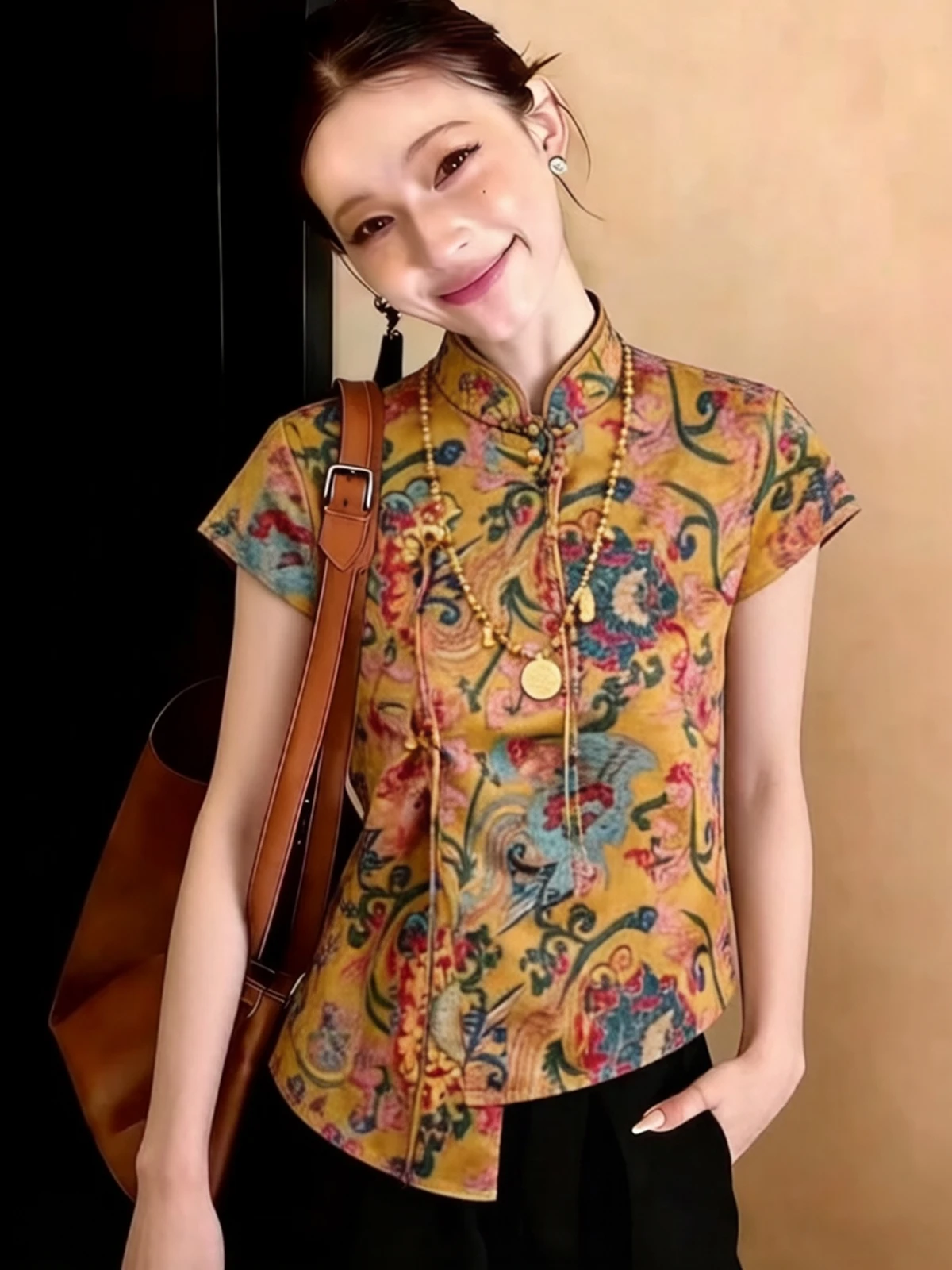 

New Chinese Style Women's Shirt 2026 New Design Small Print Short Sleeve Stand Collar Button up Loose Fit Summer Fashion Top