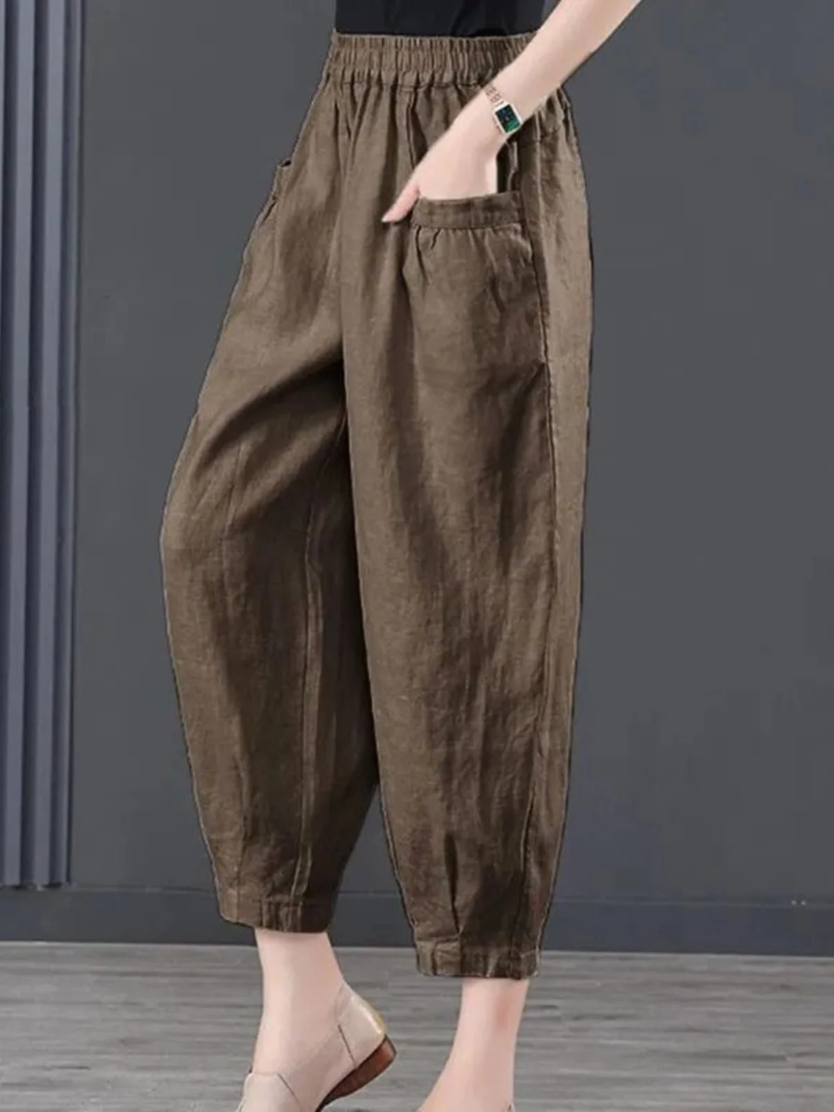 

Ice Silk Cotton Linen Elastic High Waist Nine Points Pants Women's Loose Harlan Summer Casual Straight Leg Trousers