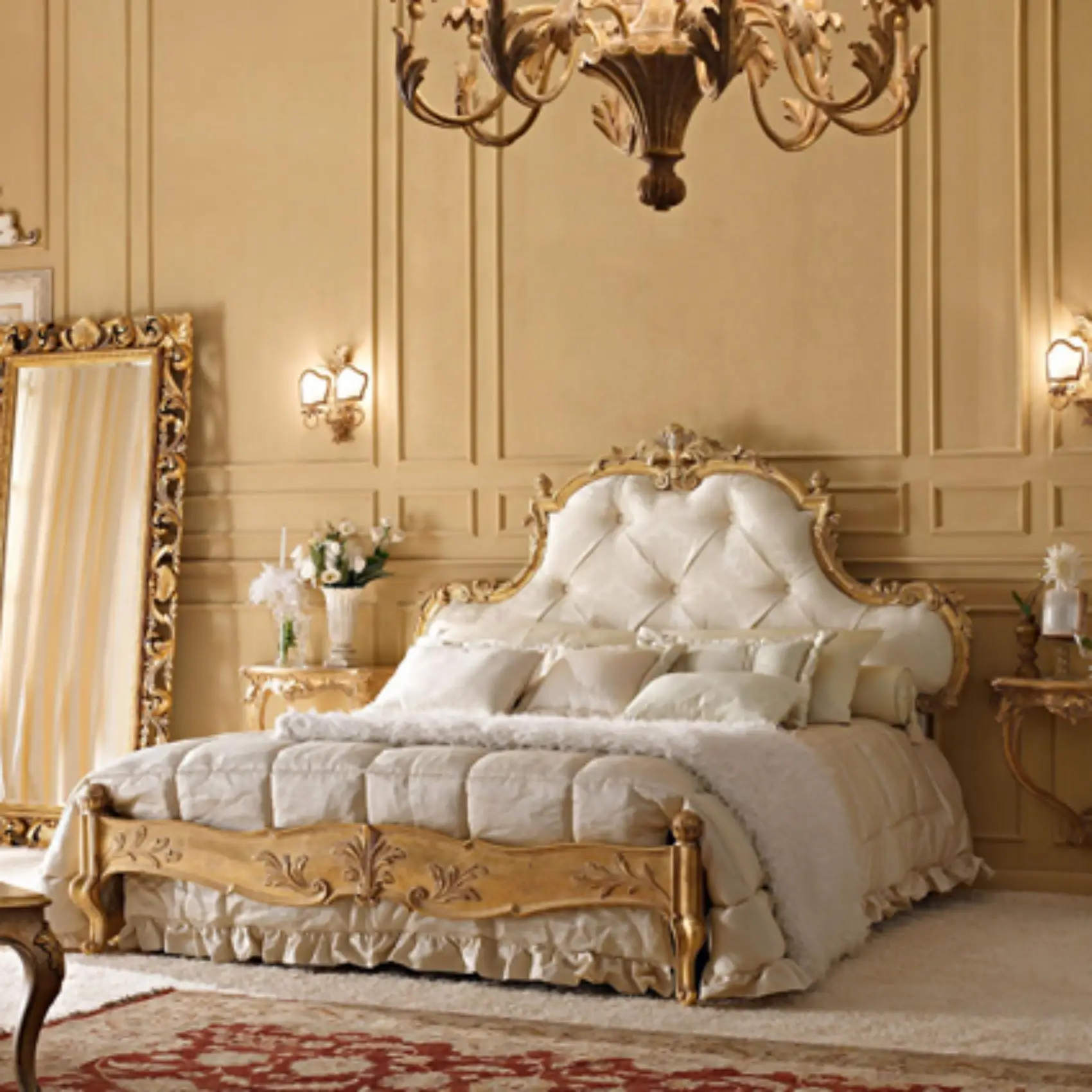 Neoclassical Furniture European-style Luxury Retro Carved Double Solid Wood Gold And Silver Foil Queen