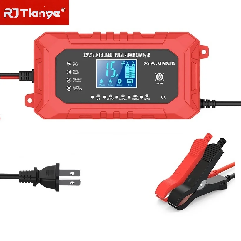 

Автомобильное зарядное устройство с американской вилкой 12V15A/24V8A, умный импульсный ремонт для Agm Gel, влажная свинцово-кислотная зарядка, ЖК-дисплей