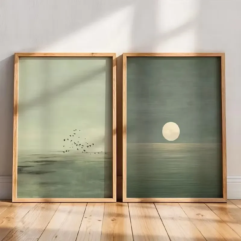 2pcs frameless Canvas Painting Minimalist Sage Green Sunset Print Scandinavian-Inspired Zen Abstract Landscape Artwork EarthTone