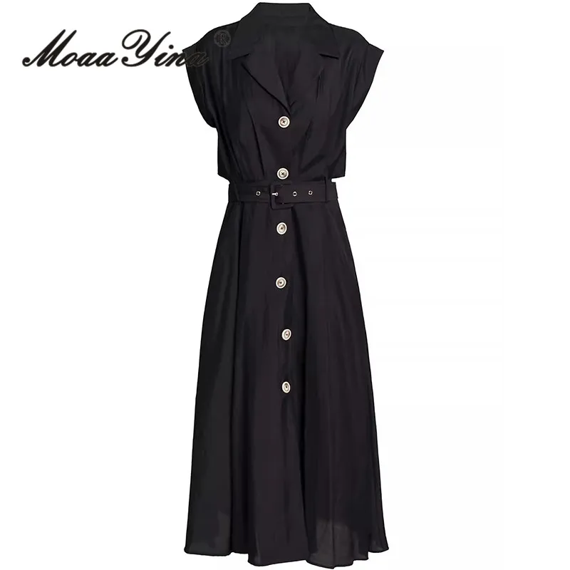 

MoaaYina Summer Fashion Designer High Quality Women Dress Vintage Solid Color Single Breasted Sashes Chiffon Temperament Dresses