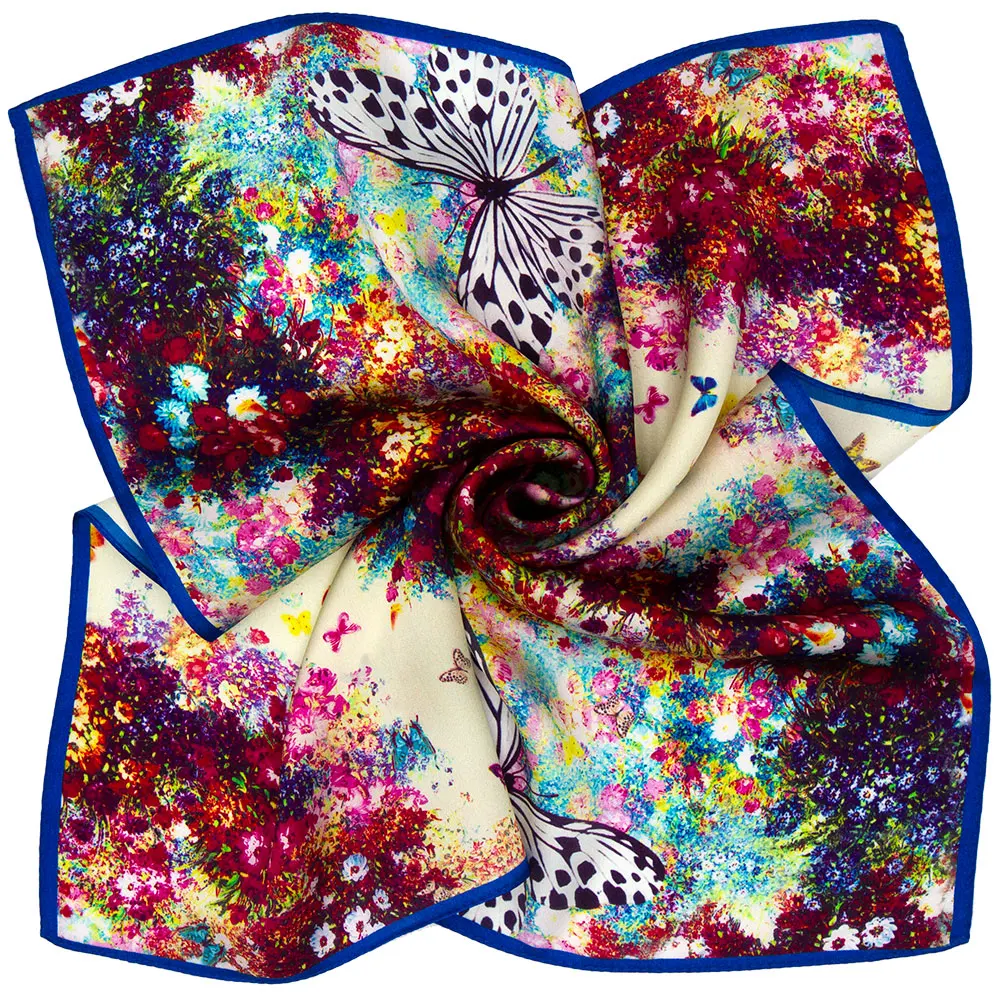 53cm 100% Pure Silk Bandana Women Butterfly Hair Scarf Female Headband Natural Silk Handkerchief for Men Pocket Square Necktie