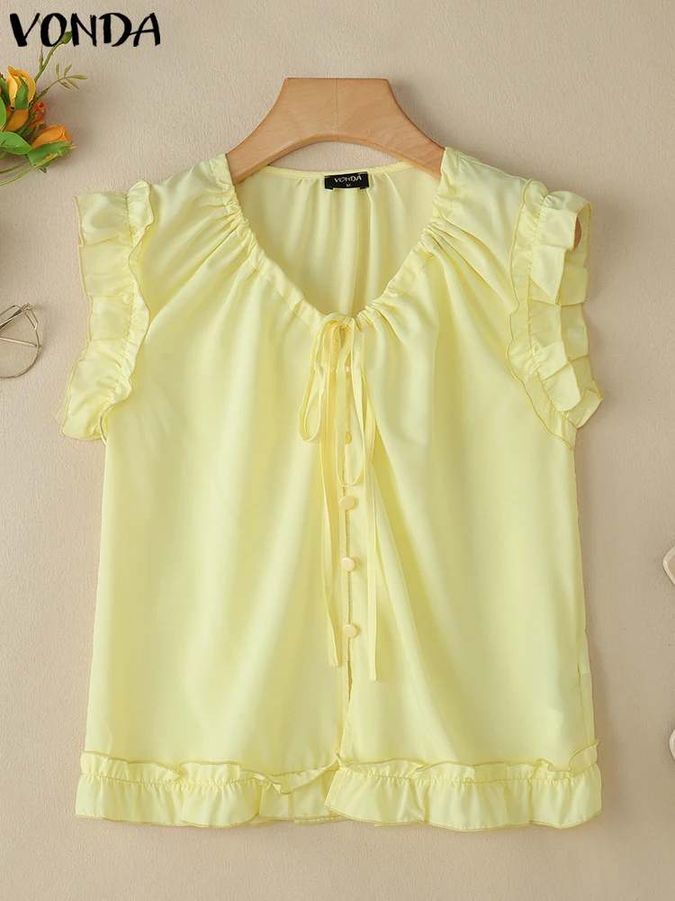 

VONDA Women Tanks Solid Ruffled Tops 2025 Casual Sleeveless Beach Wear Fashion Lace-Up V Neck Tees Summer Holiday Camis Oversize