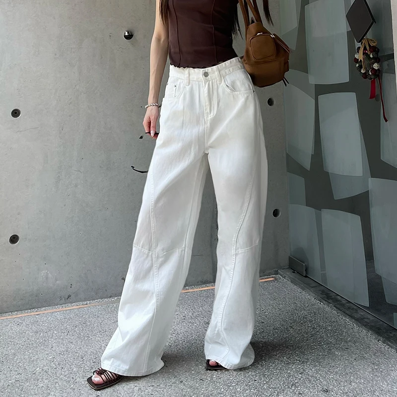 KSTUN 2025 Sommer Neue frauen Weiße Jeans Niedrige Taille Breite Bein Jeans Denim Hosen Losoe Fitness Mädchen Casual Ziehen Hosen gestreift