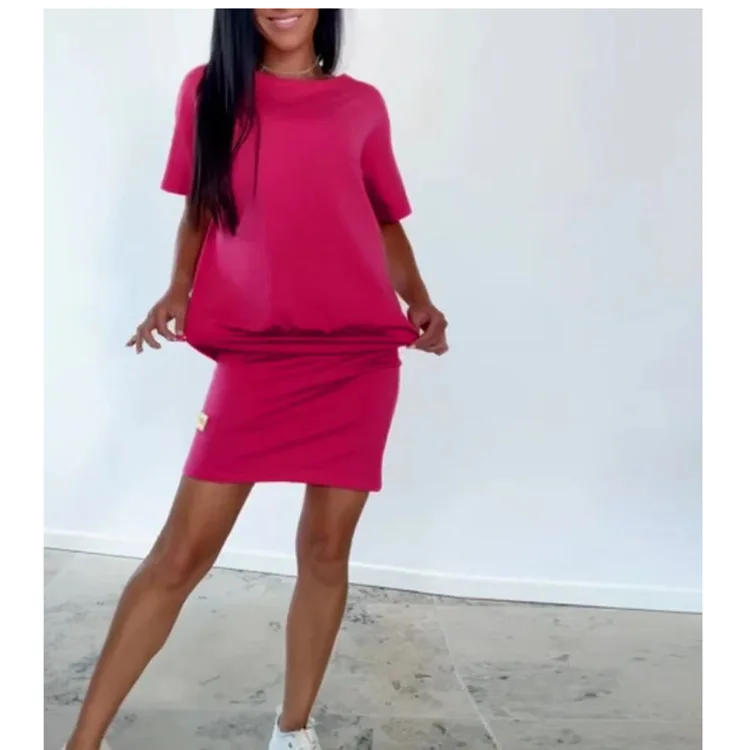 

2025 Casual Summer Suit Solid Color Crew Neck Short Sleeve Dress European and American