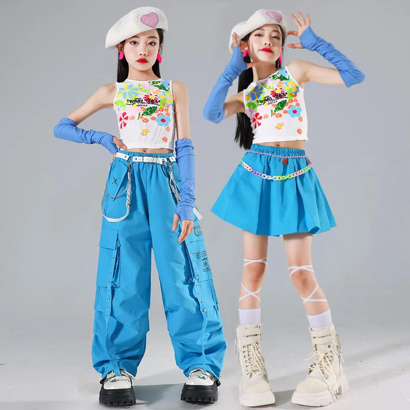 

Kids Kpop Hip Hop Clothing Crop Flower Tank Top Streetwear Blue Cargo Pants for Girls Jazz Dance Costume Clothes
