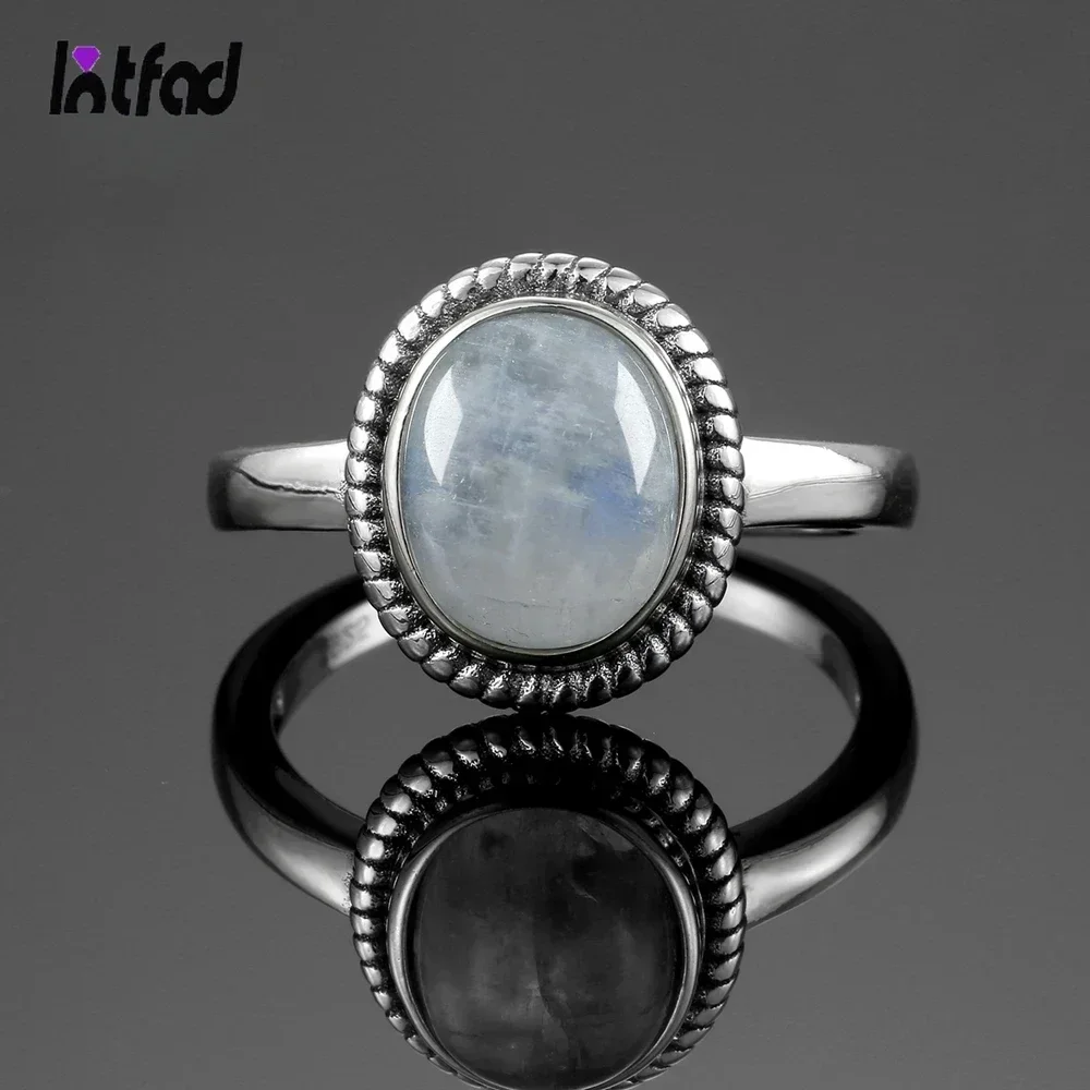 Pierścionek vintage ze srebra próby 925 z owalnym kamieniem księżycowym naturalnym 8x10 mm, retro pierścionek z onyksem czarnym, prosta, elegancka biżuteria damska.