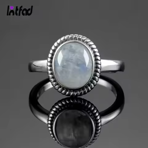 Vintage 925 Sterling Silver Ring With 8x10MM Oval Natural Moonstone Retro Onyx Stone Black Rings Simple Fine Jewelry for Women
