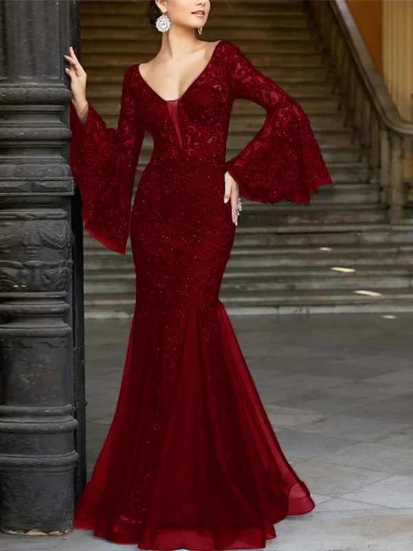 Ele longo sve renda sereia dr feminino faionable luxo vestido de noite coreano sle midi dr profundo v ne poliéster