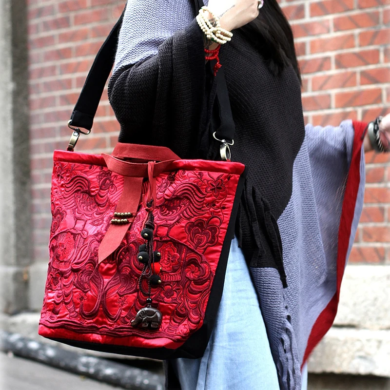 Красная вышитая этническая большая сумка, женская свадебная модная парусиновая сумка через плечо, свадебная сумка в китайском стиле