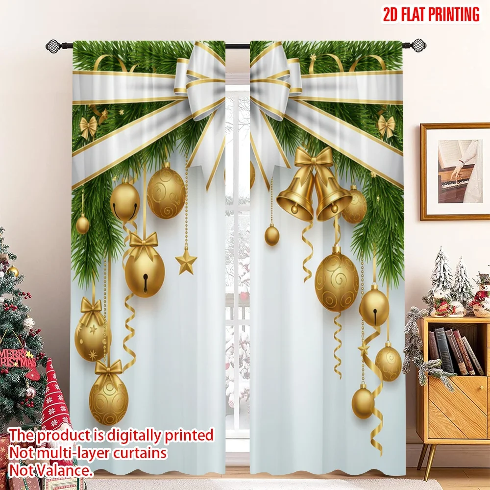 

2D flat printing 2pcs Happy Christmas Party Curtains Golden Christmas Bells Fir Branches Digital Printed Polyester Drapes
