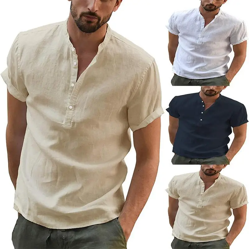 

Youth Cotton Hemp Combination Stand up Collar Men's irt Casual Sle ort Sve Deform Resistant Plain Color Inner Wear