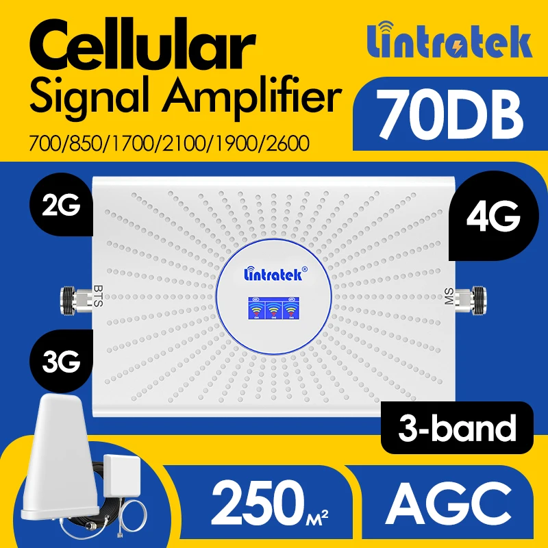 

Lintratek Cellular Amplifier 3 band AGC Cellular and internet signal booster B28 700 B5 850 B2 1900 B4 1700/2100Mhz B7 2600Mhz