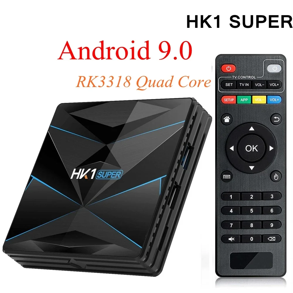 HK1 Super TV Box Android 9.0 RK3318 Quad Core 4GB 32GB Set Top Box 2.4G/5G Dual WiFi USB3.0 BT4.0 4K Smart Set Top Box