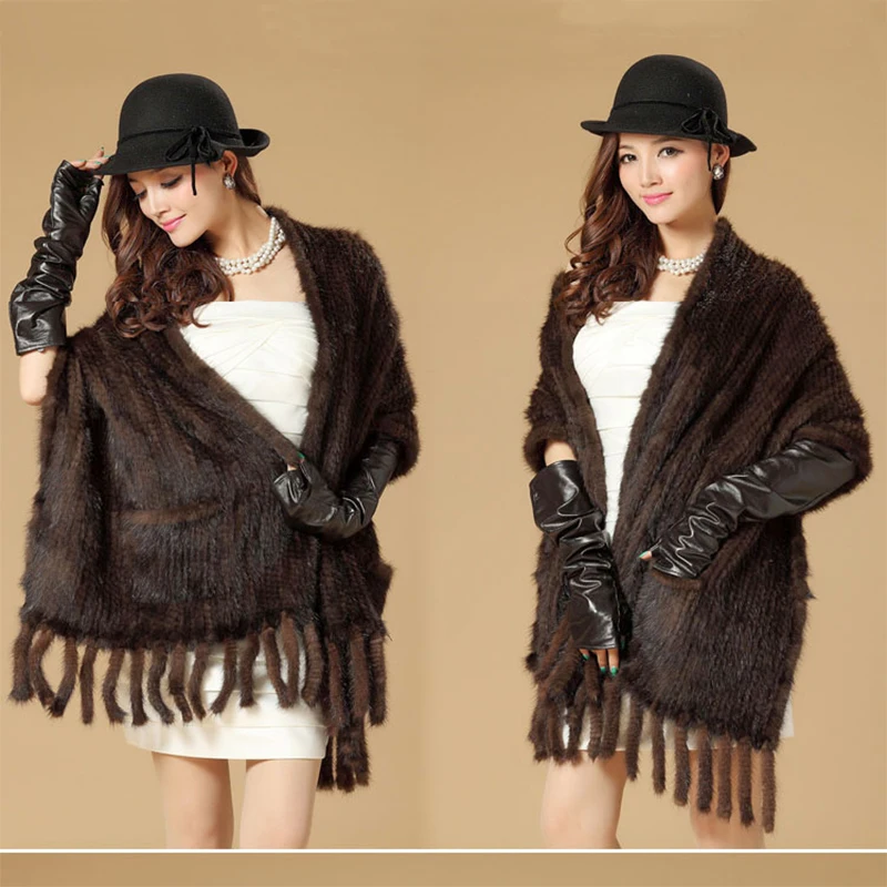 

Mink cape fur mink knitted tassel large cape scarf Black mink fur shawl with pocket and fringes Fur scarf